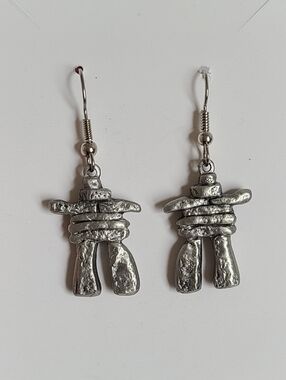Boho Native Silver Pewter Tone Inukshuk Drop Dangle Playful Statement Earrings